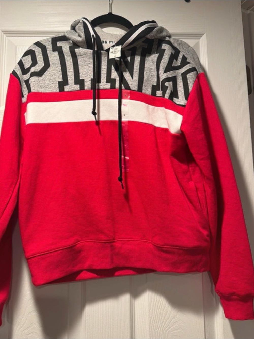 PINK Victoria's Secret Red Colorblock Zip Hoodie with Gray Hood